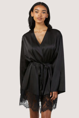 Rosie Black Satin and Lace Trim Robe 