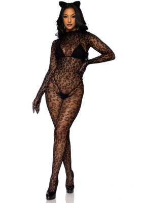 /  Leopard net gloved catsuit.