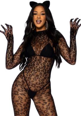  Leopard net gloved catsuit. 