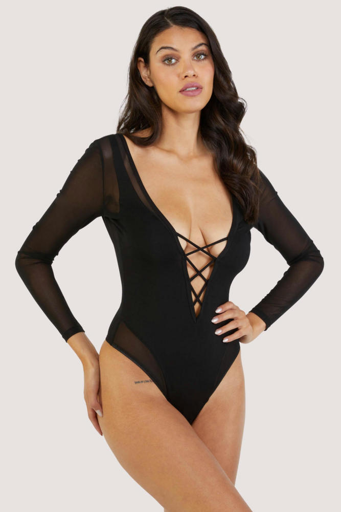 anika mesh and jersey panelled long sleeve body  