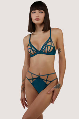  Ramona Teal Strap Detail Illusion Mesh High Waisted Thong 