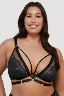 Tabitha' Black Wet-look Lace Plunge Bra 