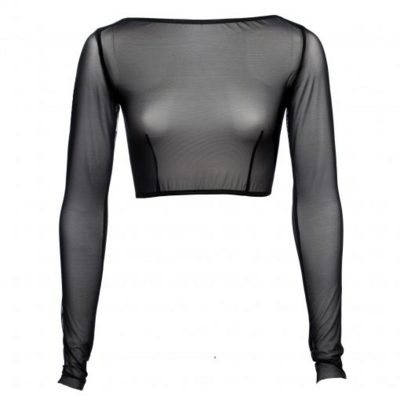 Black Mesh Boat Neck Crop Top With Long Sleeves 