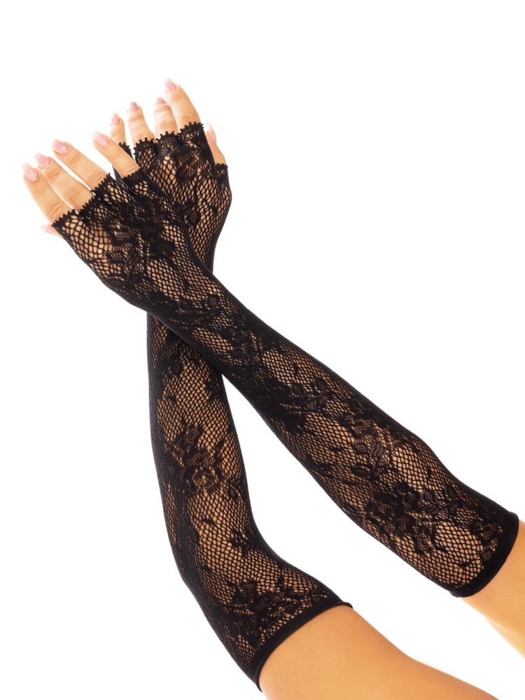 Floral net fingerless gloves black  