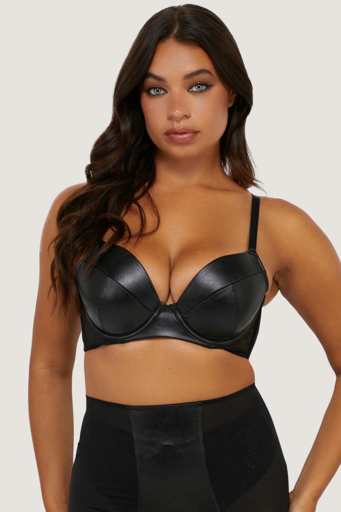 Iris Black Leatherette Padded Plunge Bra  