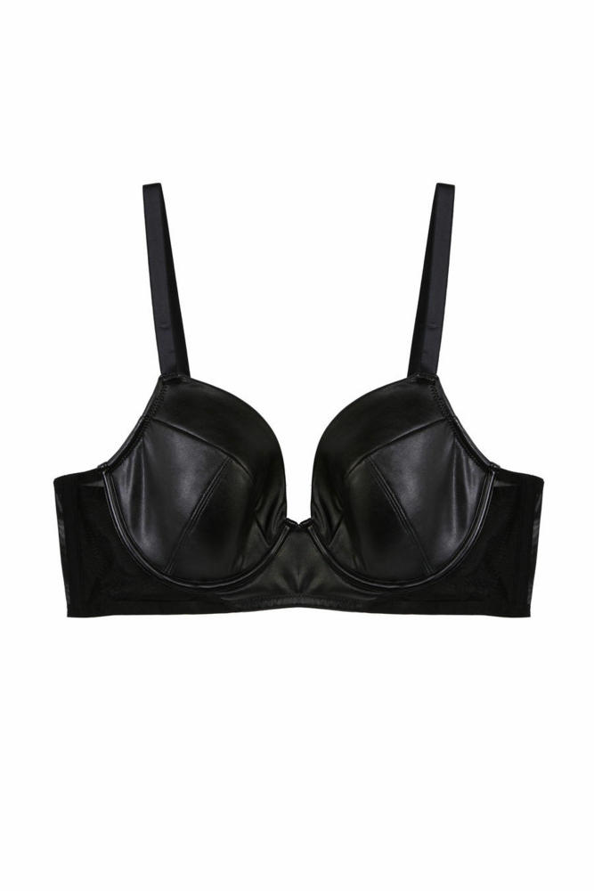 Iris Black Leatherette Padded Plunge Bra  