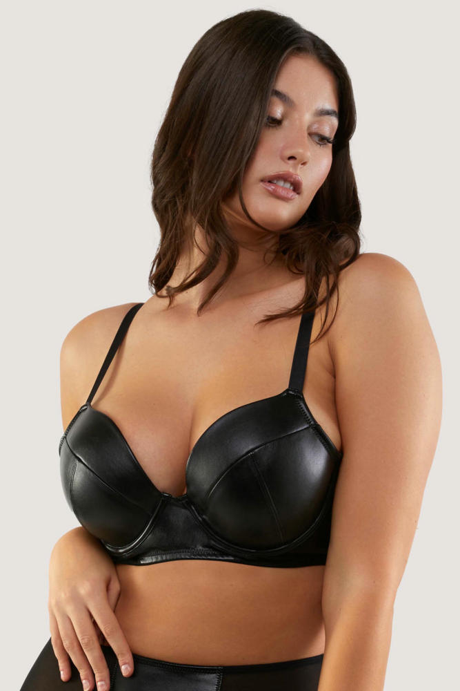 Iris Black Leatherette Padded Plunge Bra  