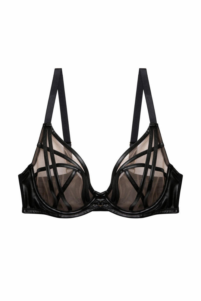 Ramona Black Leatherette Strap Detail Illusion Mesh Bra  