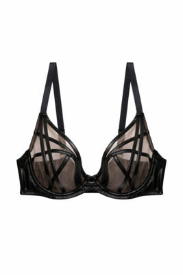 Ramona Black Leatherette Strap Detail Illusion Mesh Bra 