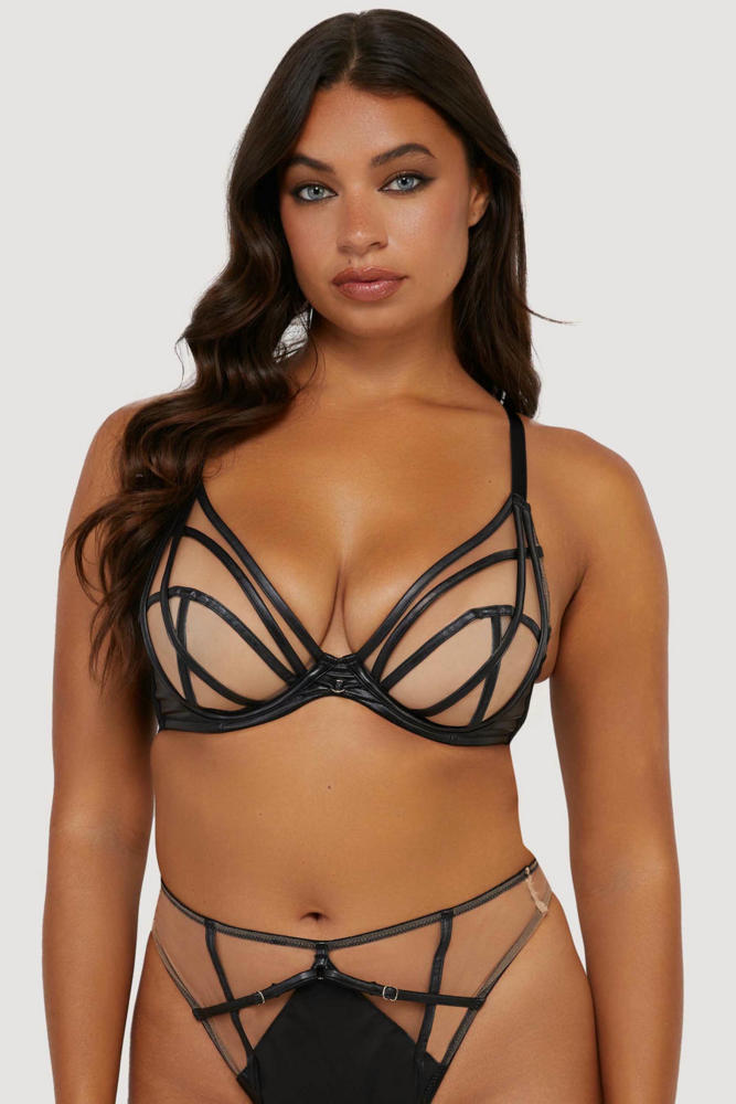 Ramona Black Leatherette Strap Detail Illusion Mesh Bra  