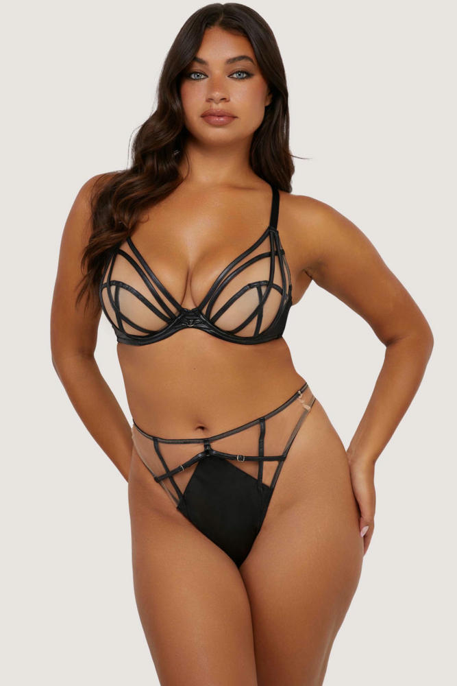 Ramona Black Leatherette Strap Detail Illusion Mesh High Waisted Thong  