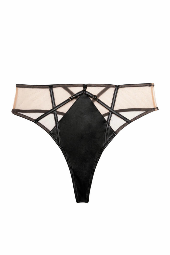 Ramona Black Leatherette Strap Detail Illusion Mesh High Waisted Thong  