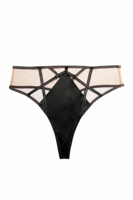 Ramona Black Leatherette Strap Detail Illusion Mesh High Waisted Thong 