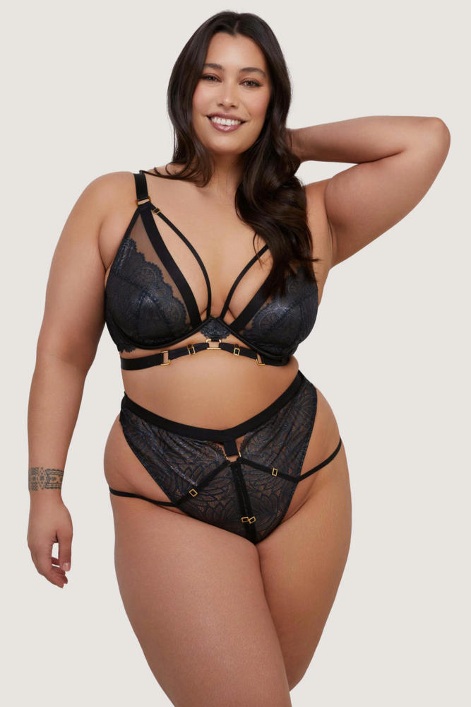 Tabitha' Black Wet-Look Lace High Waist  Thong  