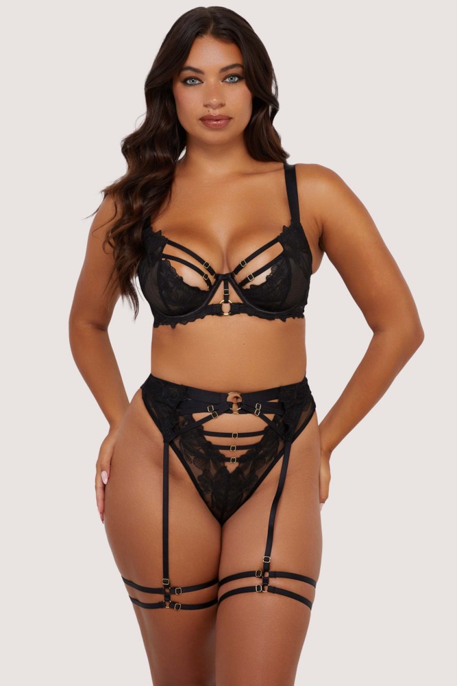 Eleanor Black Strappy Embroidery Thigh Harness  