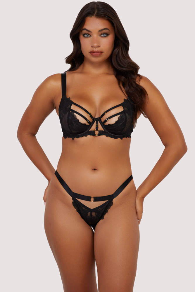 Eleanor Black Strappy Embroidery Thong  