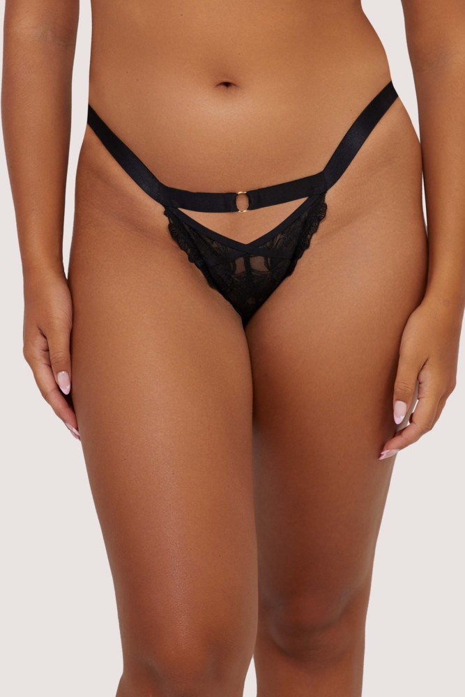 Eleanor Black Strappy Embroidery Thong  