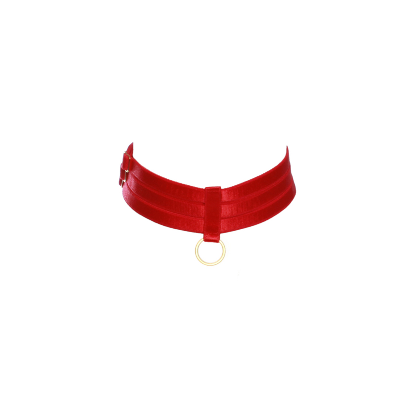 Red Choker Bondage Accessory With Golden Sliders and Ring  