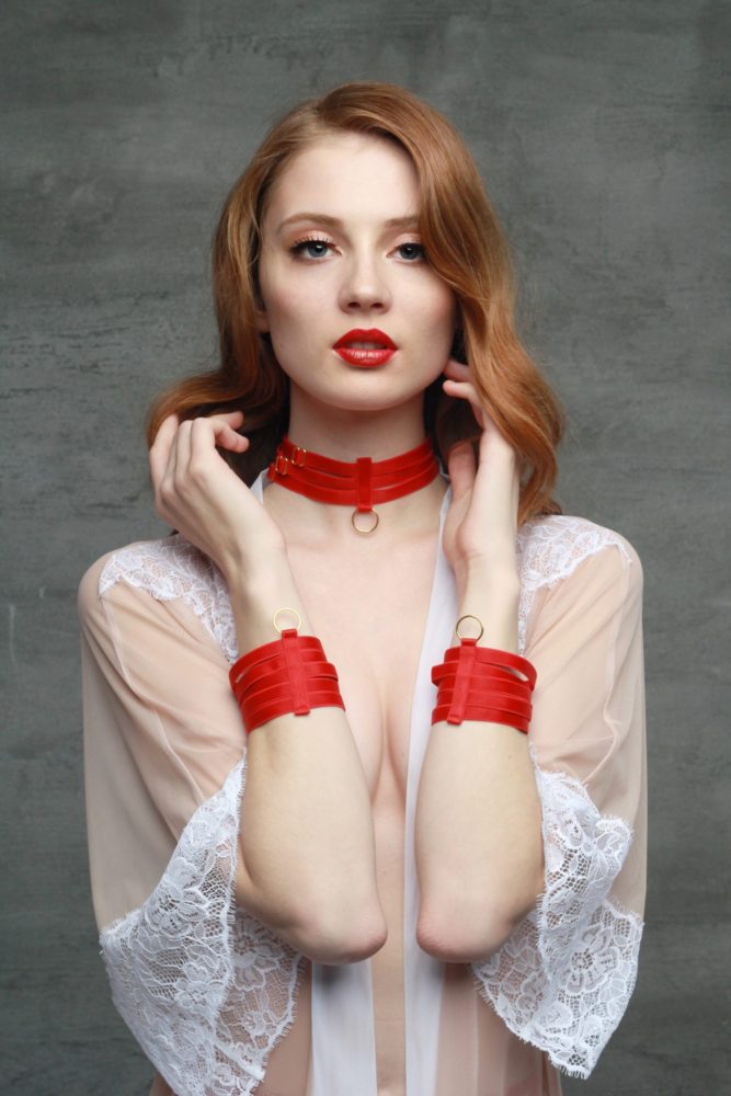 Red Choker Bondage Accessory With Golden Sliders and Ring  