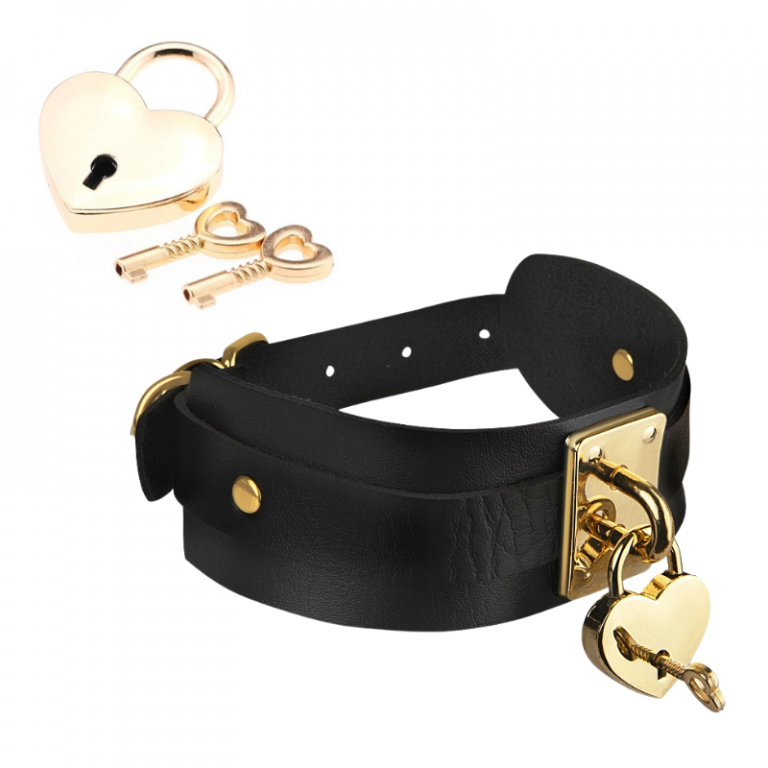 Heart Lock & Key Collar – Black/Gold  