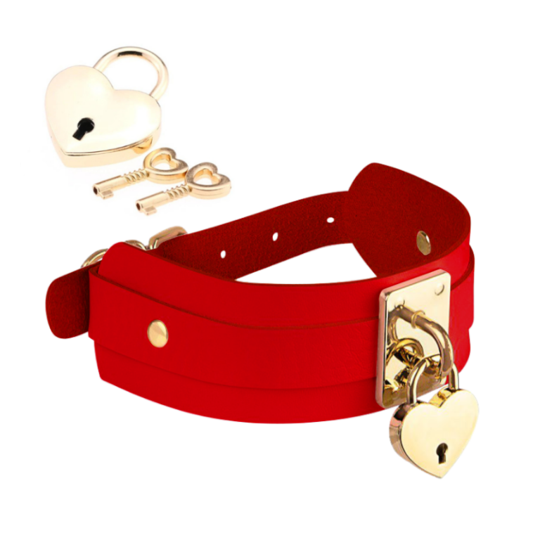 Heart Lock & Key Collar – Burgundy/Gold  