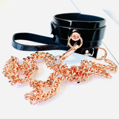 / High Gloss O-Ring Collar + Leash – Black/Rose Gold