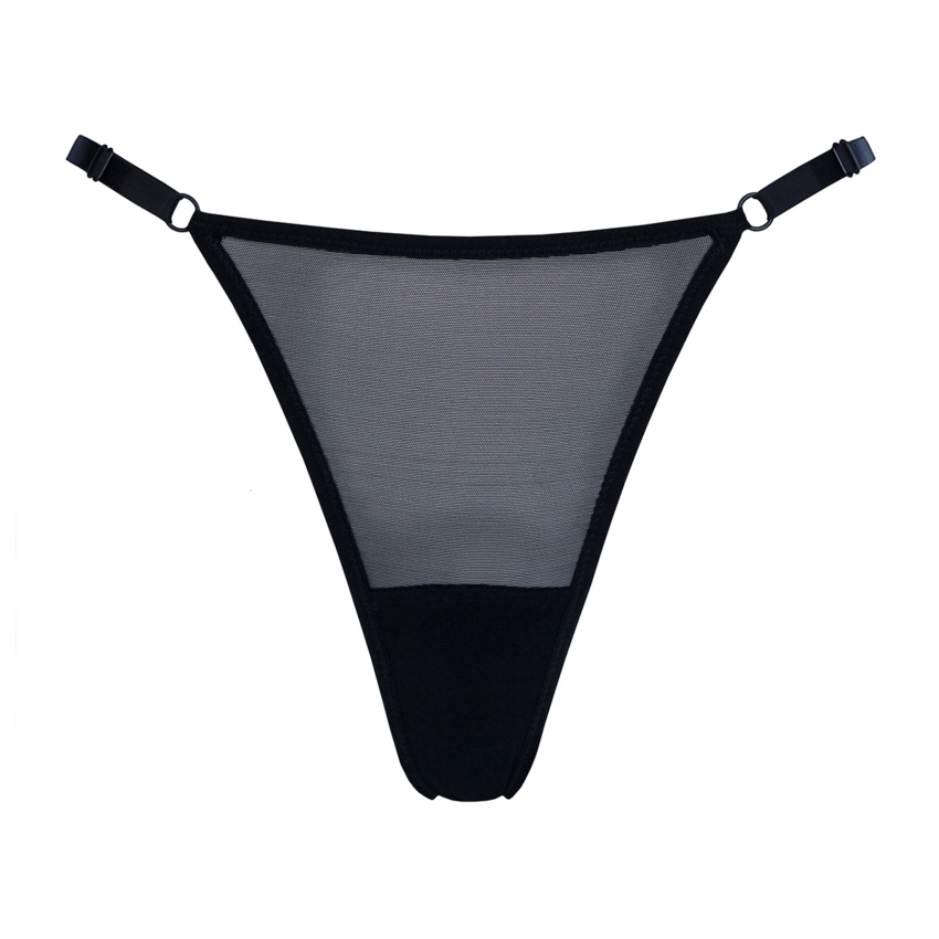 Adjustable High Cut Thong in black Mesh  